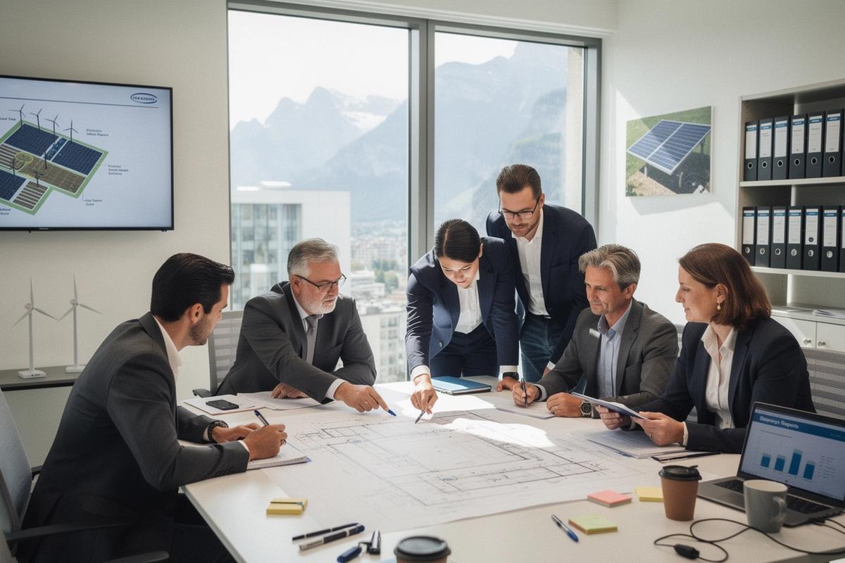 Renewable energy professionals reviewing project plans in a modern Swiss office